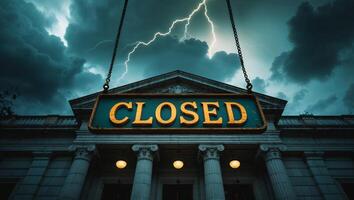 Storm clouds gather over historic building with a closed sign hanging from columns photo