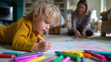 Young child enjoys coloring at home while adult assists in creative activity during afternoon relaxation photo