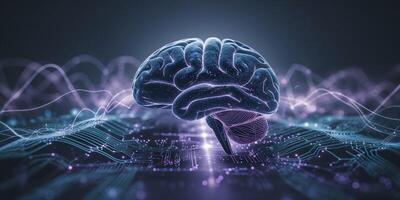 Neurological representation with digital elements showcasing the connection between the brain and technology in a futuristic setting photo