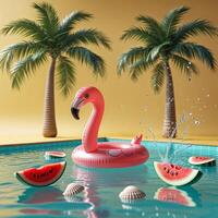 Bright summer pool scene with flamingo float, watermelon slices, and palm trees creating a tropical atmosphere photo