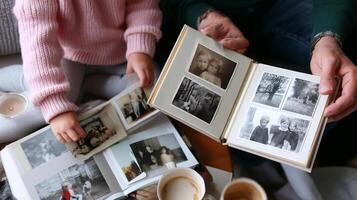Sharing memories with family during a cozy afternoon at home while looking through old photo albums and enjoying warm beverages