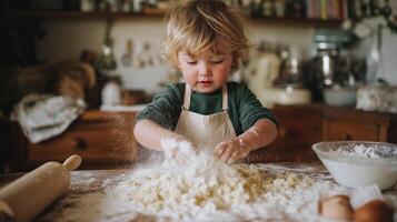 Little chef enjoys baking in cozy kitchen, creating dough with flour and eggs during afternoon photo