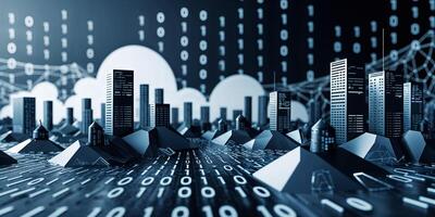 Modern digital city skyline with binary code and abstract structures at dusk showcasing technology and innovation photo