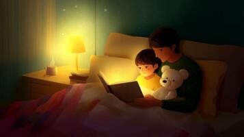 Bedtime story shared between parent and child in cozy bedroom setting with warm light glow photo