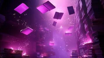 Magical library with floating books and vibrant purple light illuminating a mystical atmosphere photo