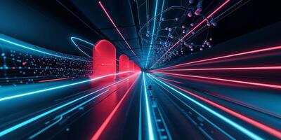 Colorful abstract digital tunnel illustrating technology and data movement in a futuristic setting photo