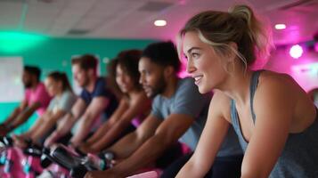 Group of people engaging in an energetic indoor cycling class at a fitness studio during an evening workout session photo