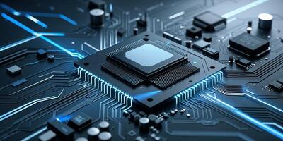 Close-up view of a circuit board with microchips and glowing blue lines, showcasing intricate electronic design photo