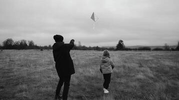 Child and adult flying a kite on a cloudy day in an open field during late afternoon photo