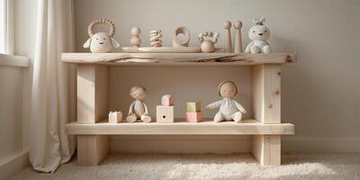 Children's wooden toy display in a cozy playroom with soft lighting during daytime photo
