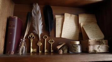 Vintage keys, feathers, and antique notes arranged on a wooden shelf create a nostalgic atmosphere in a cozy setting photo