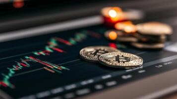 Cryptocurrency trading dashboard with Bitcoin coins and market analysis in the background at night photo