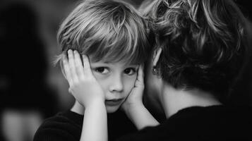 Young child showing vulnerability while embracing an adult in a moment of tenderness photo
