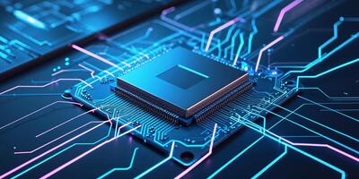 High-tech microprocessor with glowing circuit paths showcasing modern technology advancements and innovation in electronics photo