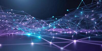 Futuristic network visualization with glowing nodes and interconnected lines in a digital space at night photo