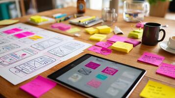 Creative workspace filled with design prototypes and colorful sticky notes in a bright and modern office environment photo