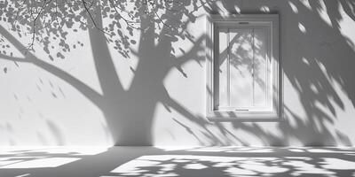 Shadows of a tree cast on a white wall beside a window during daylight hours photo