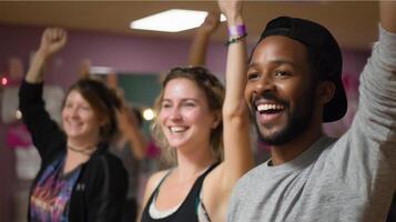 Group of people enjoying a lively dance class in a colorful studio during the afternoon photo