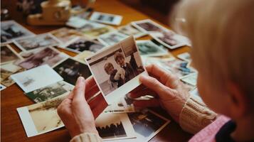 Elderly person reminiscing while sorting through old family photographs at home in the afternoon light photo