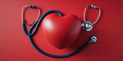Symbolizing healthcare with a red heart and stethoscopes on a vibrant backdrop emphasizing health awareness photo
