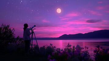 Stargazer observes the moon and stars using a telescope by the lake during a beautiful twilight photo