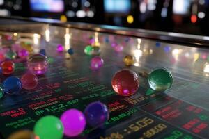 Colorful marbles scattered on a glass surface near illuminated display screens in a gaming arcade photo