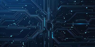 Circuit board design showcasing intricate patterns and glowing elements in a dark background photo