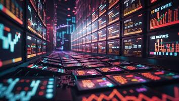 Digital trading floor filled with monitors displaying stock data and colorful graphs in a modern financial district photo