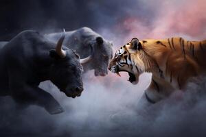 Conflict between a fierce tiger and a powerful bull in a dramatic atmosphere during twilight hours photo