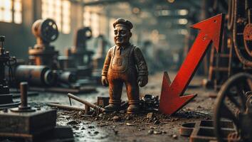 Vintage mechanic figurine stands amid industrial machinery with a bright red arrow pointing upward in a dimly lit workshop setting photo