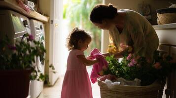 Mother and daughter engaging in laundry and gardening at home during daylight hours photo