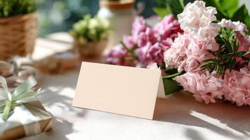 Beautiful spring table setting with flowers and blank card for notes or invitations at a cozy venue photo