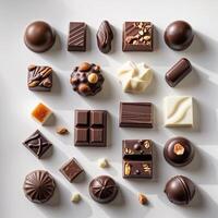 Assorted handcrafted chocolates arranged elegantly on a white background for an enticing dessert display photo