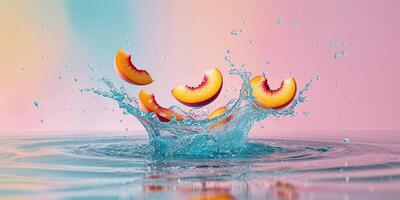 Vibrant peach slices create splash effect in clear water under colorful background during summer daytime photo