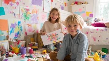 Children engage in creative art activities in a colorful playroom filled with artwork photo