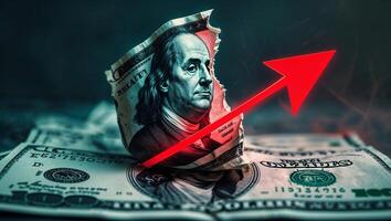 Dollar bill torn with Benjamin Franklin's face and red arrow symbolizing financial growth and investment photo