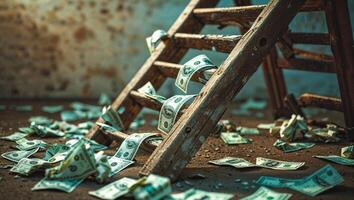 Money scattered around a wooden ladder in an abandoned space, creating a surreal scene of unexpected wealth photo