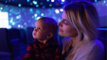Mother and child captivated by colorful light display during evening event at local science center photo