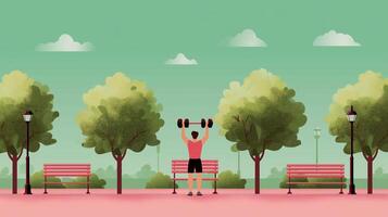 Man exercises with dumbbells in a park surrounded by benches and trees on a sunny day photo