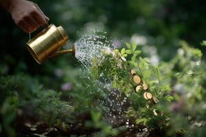 Watering a plant with coins sprouting from the soil in a serene garden setting during daytime photo