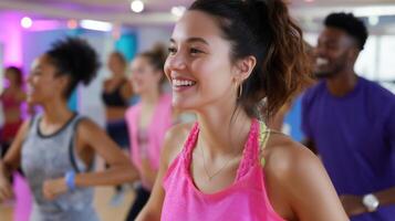 Group of fitness enthusiasts enjoying a lively dance workout session in a studio during daytime photo