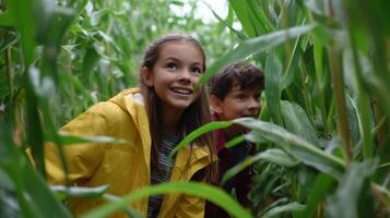 Children exploring a corn maze on a cloudy day filled with joy and excitement photo