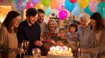 Family gathers to celebrate birthday with cake, balloons, and joyful laughter in a cozy indoor setting photo