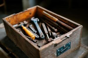 Vintage toolbox filled with various hand tools on a wooden surface in a workshop setting during daylight photo