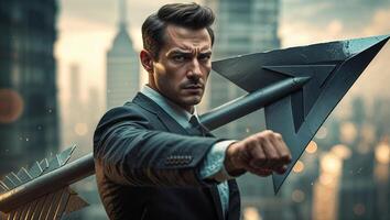 Man in a suit poses dramatically with a large metallic arrow on a city rooftop during sunset photo