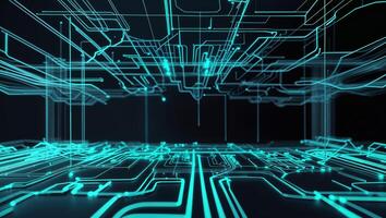 Digital circuit board design with glowing lines highlighting interconnected pathways and nodes in a futuristic environment photo