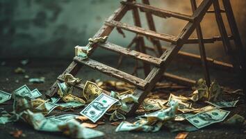 Crumpled currency scattered around a wooden ladder in a dimly lit room photo