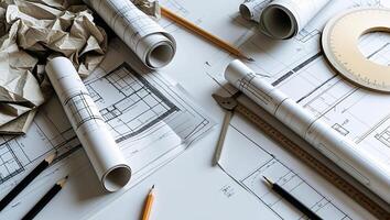 Design process with architectural blueprints and drafting tools arranged on a workspace at a creative studio photo