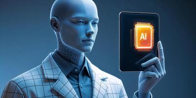 Digital humanoid model holding tablet displaying artificial intelligence symbol in futuristic setting photo