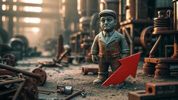 Small figurine standing amid industrial debris in a dusty workshop, symbolizing growth and resilience in challenging environments photo